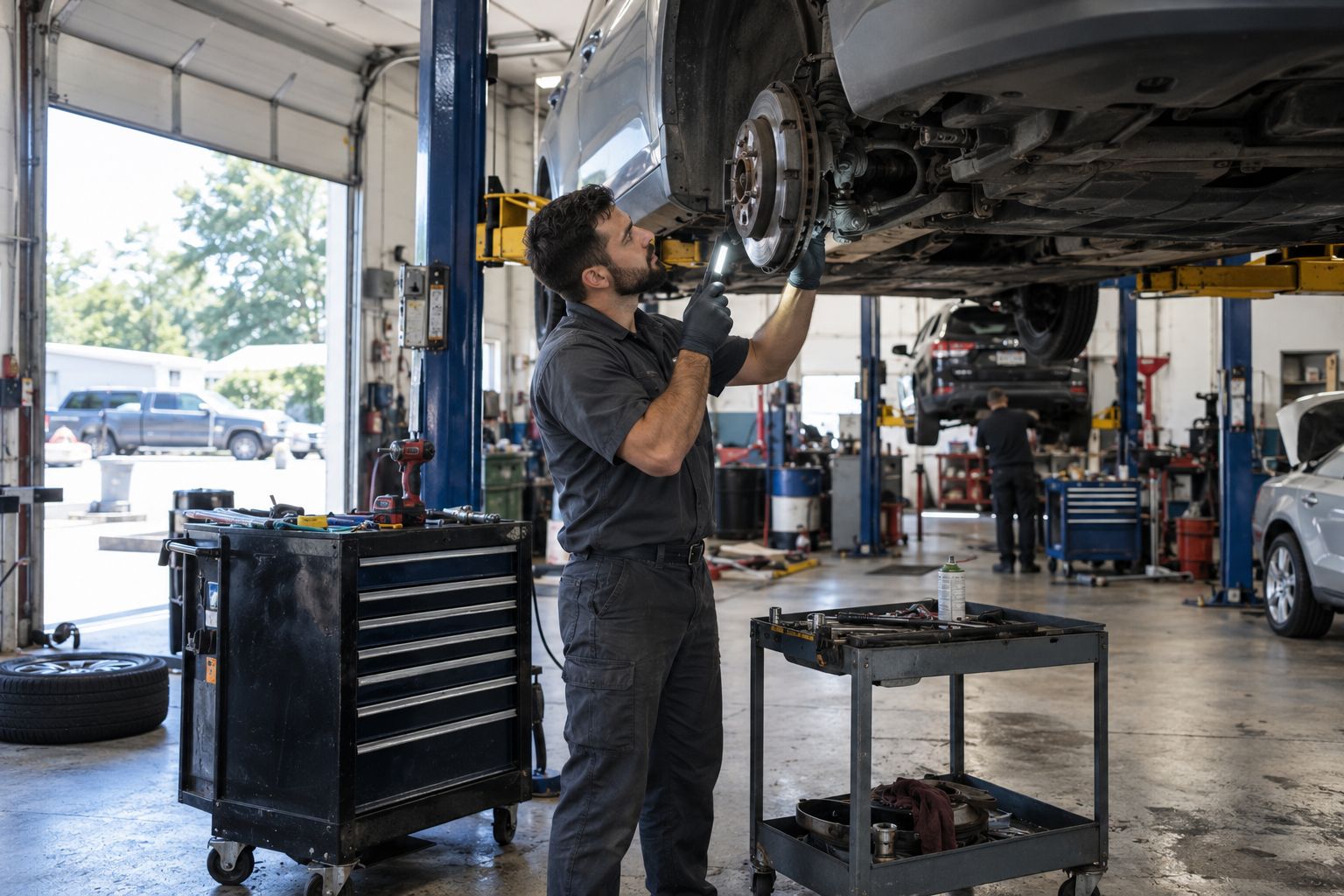 A technician inspecting the front brakes of a car on a lift
