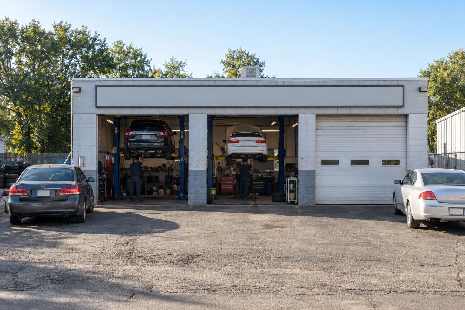 The outside of an auto repair shop with two bay doors open and cars on lifts